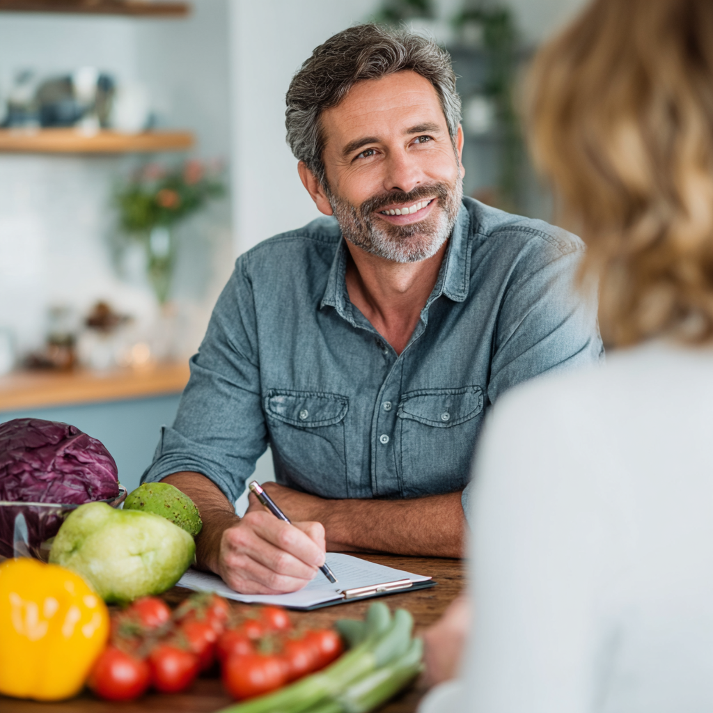 Middle-aged nutritionist consulting with client about personalized meal planning