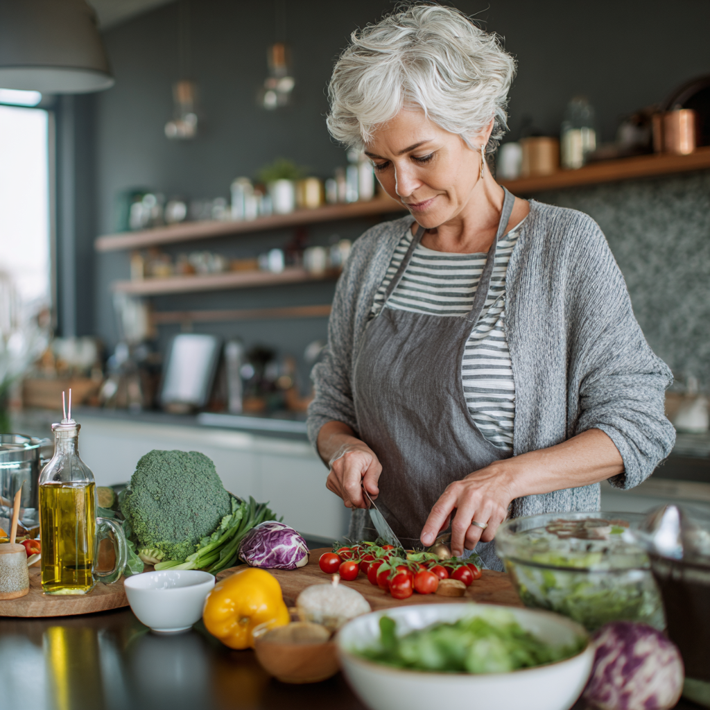 Person in their fifties preparing healthy balanced meal in modern kitchen